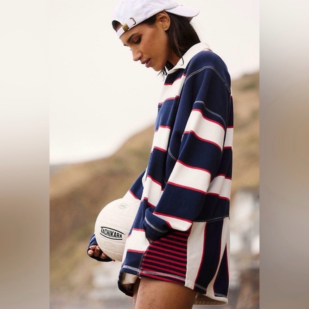 Free People Movement Work It Out Printed Rugby Striped Pullover Sweatshirt